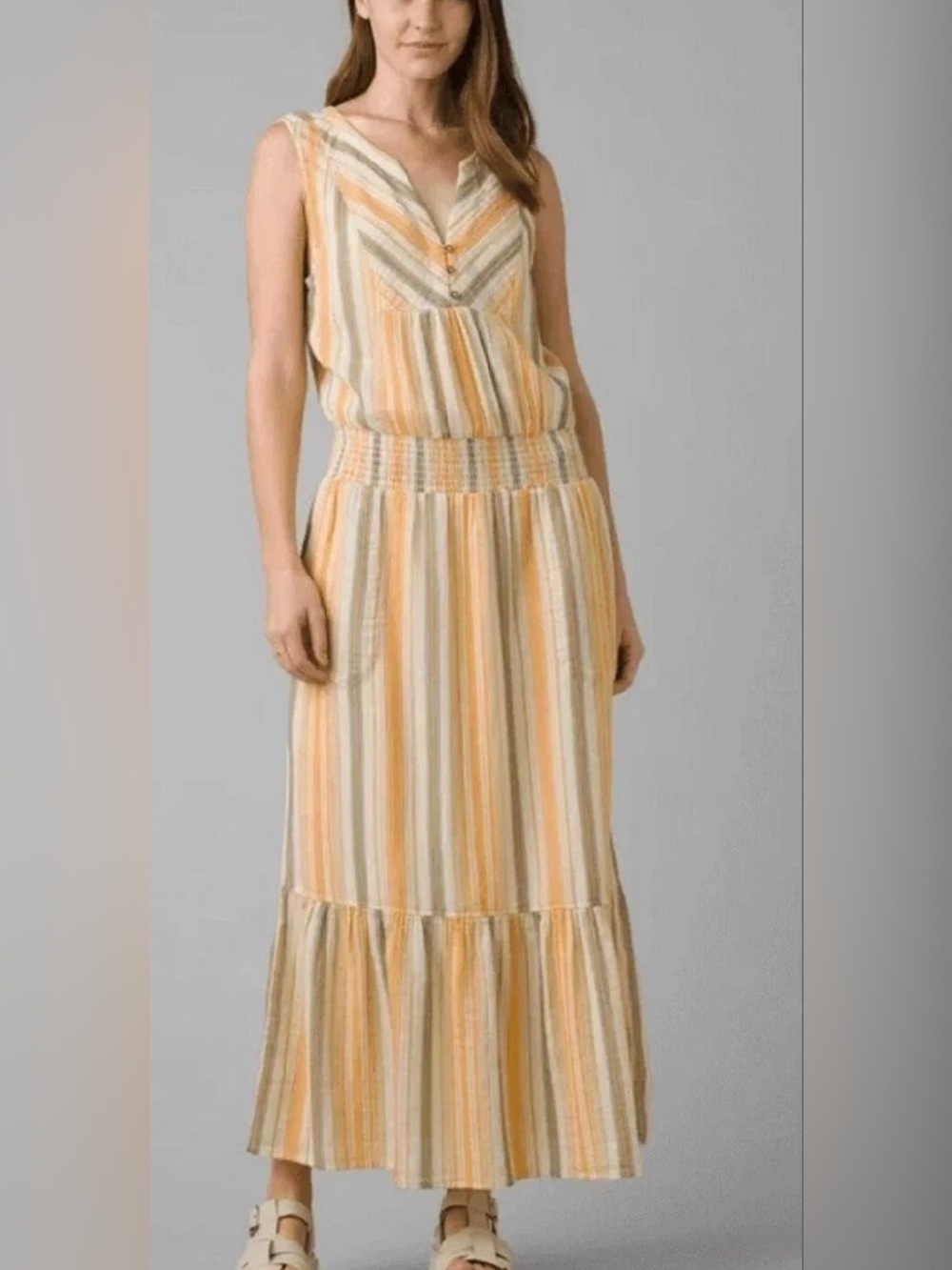 Prana California Dreaming Dress Small S Organic Cotton Summer Yellow Maxi